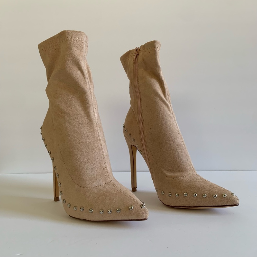 Studded Stiletto Heel Boots with Side Zipper, Nude Suede